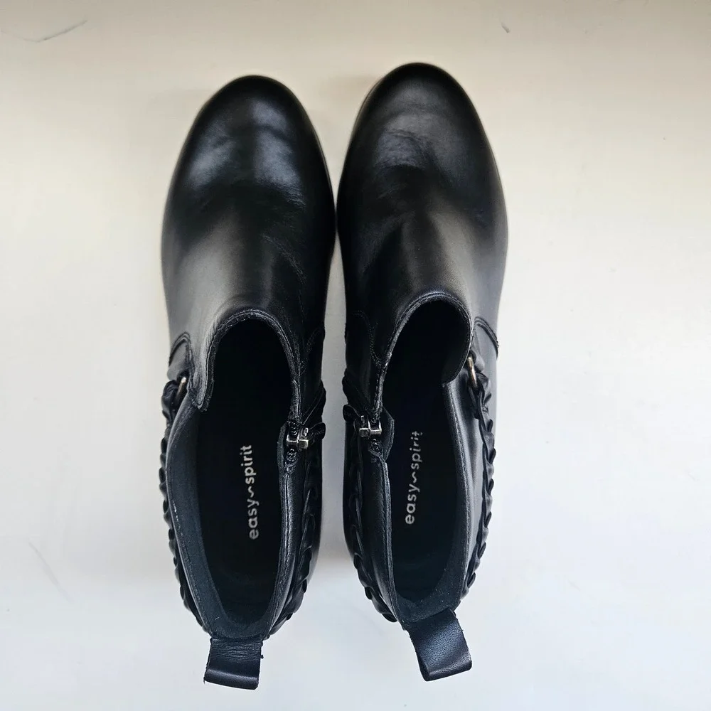 Easy Spirit Ankle Boots Womens 10M Black Leather Zip Up Office Heel Minimalist